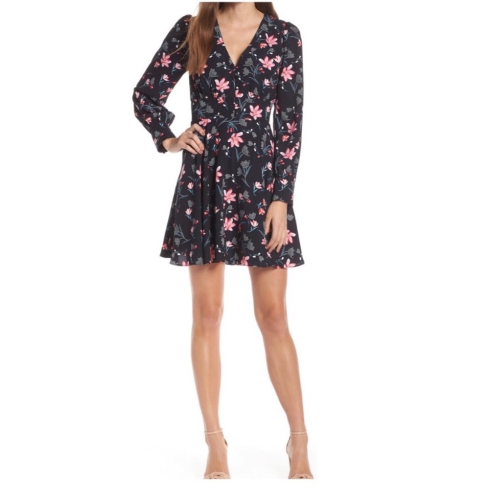 Adelyn Rae Julie Black Red Floral Button Front V-Neck Fit and Flare Mini Dress